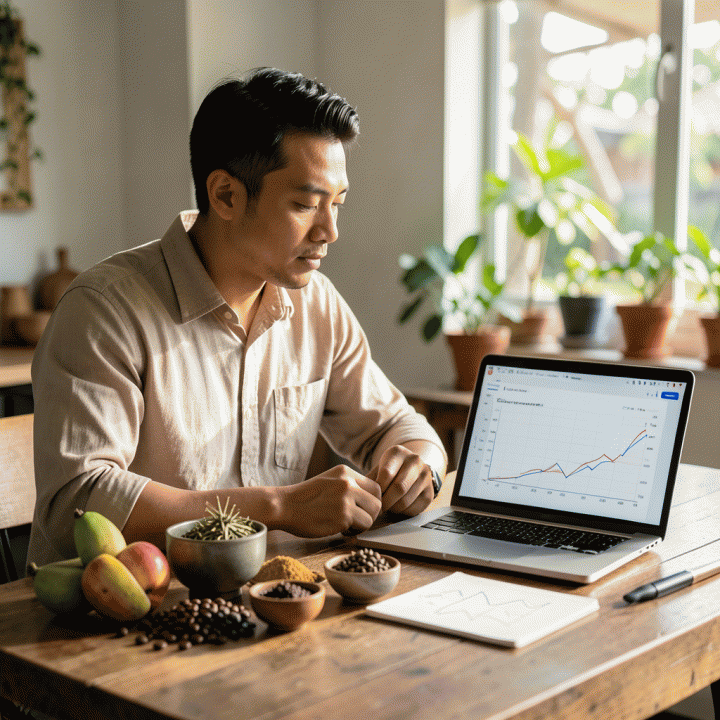 Seorang pemilik bisnis F&B Indonesia yang bersemangat menghitung biaya dan menganalisis profit margin menggunakan laptop di tengah bahan-bahan segar, melambangkan proses perhitungan HPP yang akurat.