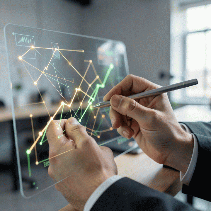 Tangan yang menganalisis dan mengoptimalkan perhitungan keuangan bisnis pada layar digital yang abstrak.
