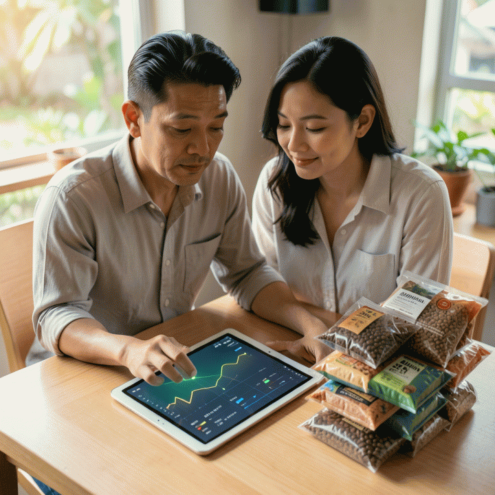 Seorang pemilik UMKM Indonesia yang percaya diri sedang menganalisis data keuangan bisnisnya menggunakan tablet digital, di samping produk-produk kerajinan tangan yang siap dijual.