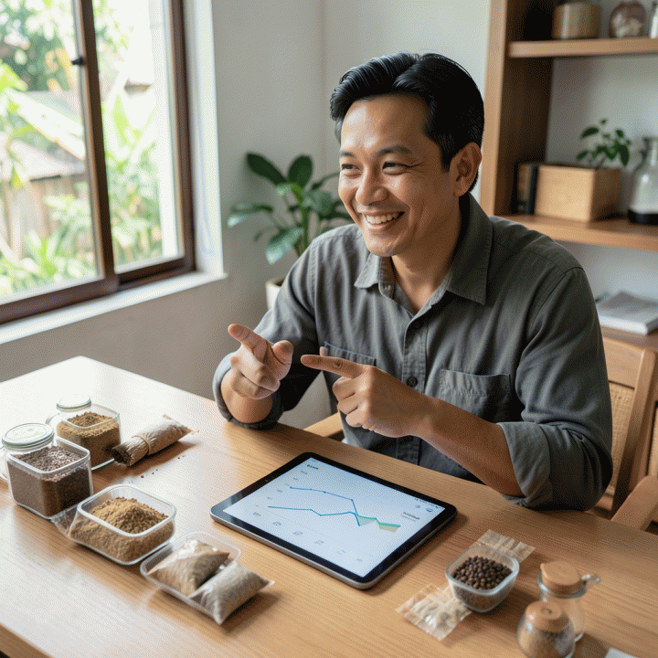 Pemilik UMKM Indonesia yang tersenyum percaya diri di meja kerja, menunjukkan grafik keuangan yang menunjukkan profitabilitas dan keuntungan yang optimal.