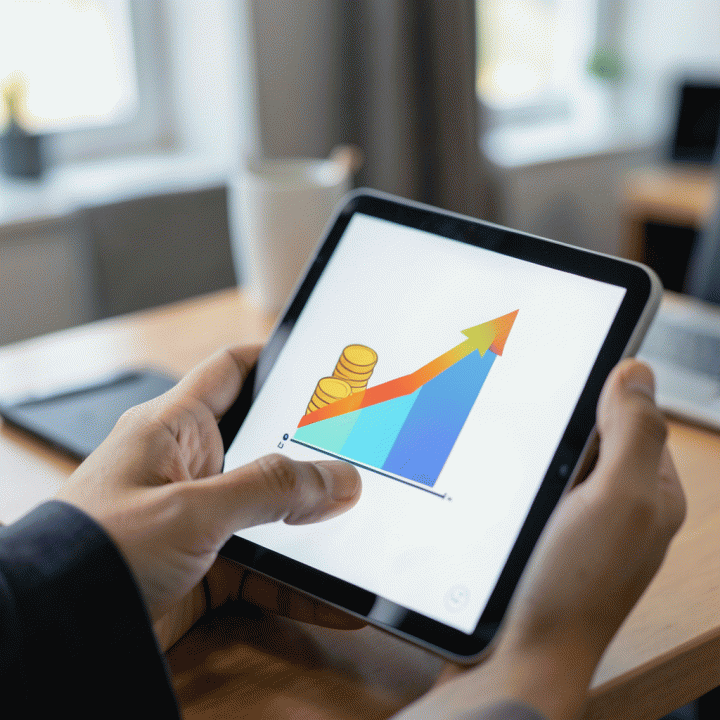 Tangan seorang pemilik UMKM menggunakan tablet untuk melihat visualisasi grafik keuntungan (profit margin) yang meningkat, menunjukkan penggunaan kalkulator HPP yang mudah.