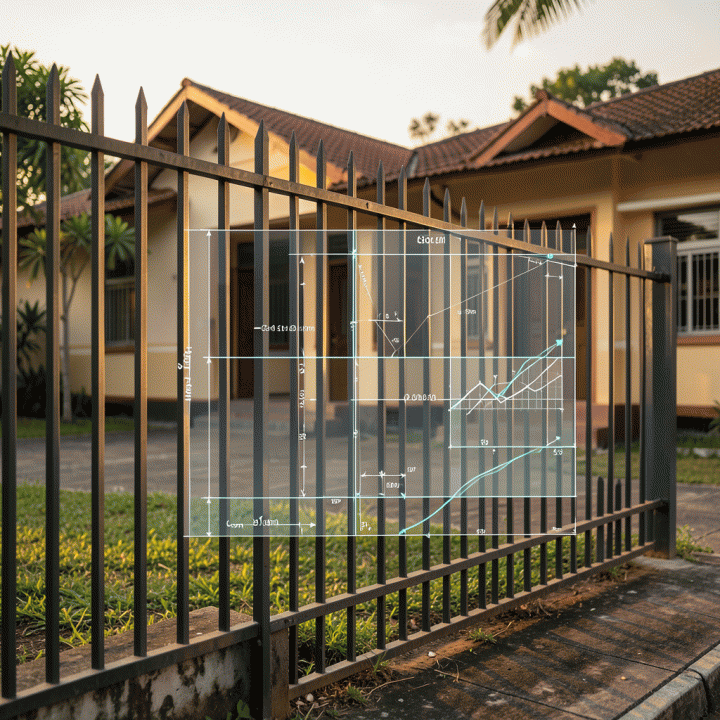 Perhitungan detail estimasi biaya proyek pagar besi modern di Indonesia, digambarkan dengan blueprint digital overlay yang menunjukkan dimensi dan perhitungan akurat pada latar belakang pagar besi fisik yang terpasang.