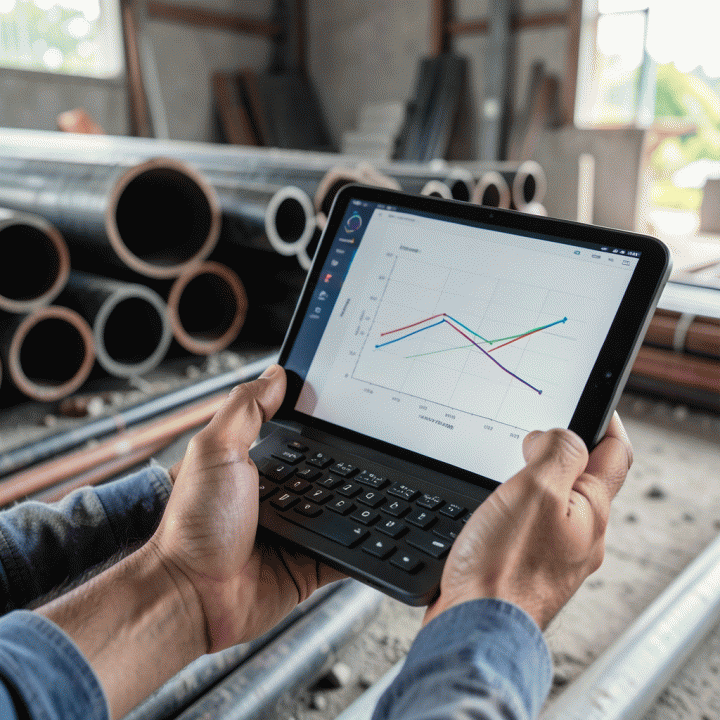 Tangan manajer proyek menggunakan tablet untuk memonitor perbandingan anggaran biaya (cost estimation) dan progres fisik proyek pagar besi.