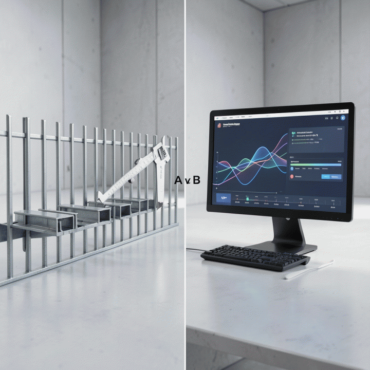 Perbandingan visual antara metode manual dan digital dalam menghitung kebutuhan material dan estimasi harga pagar besi per meter.
