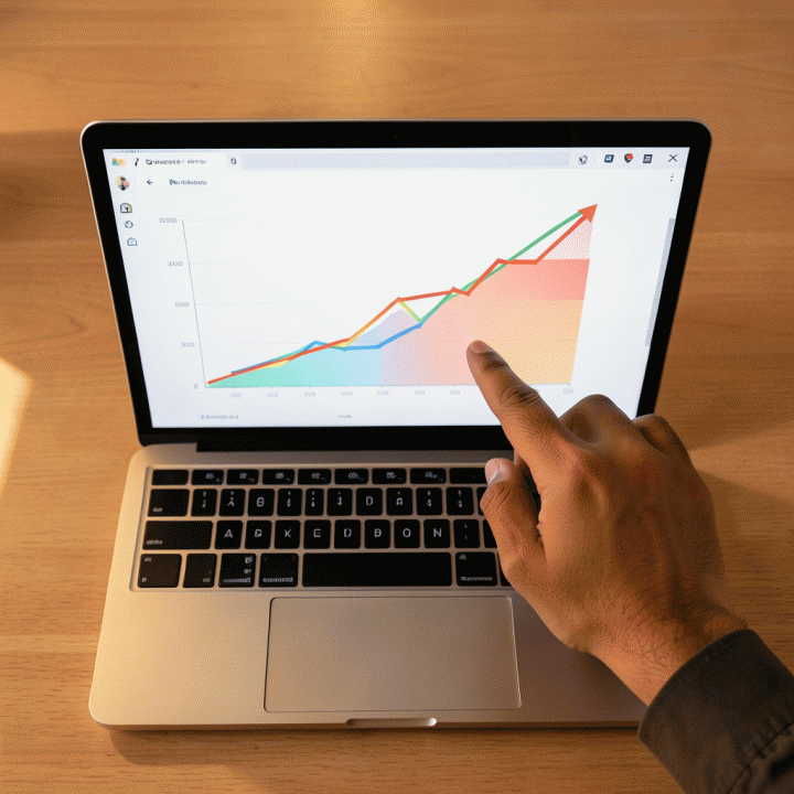 Tangan menunjuk grafik kenaikan keuntungan pada tampilan spreadsheet digital yang abstrak, menunjukkan cara memaksimalkan laba bisnis.