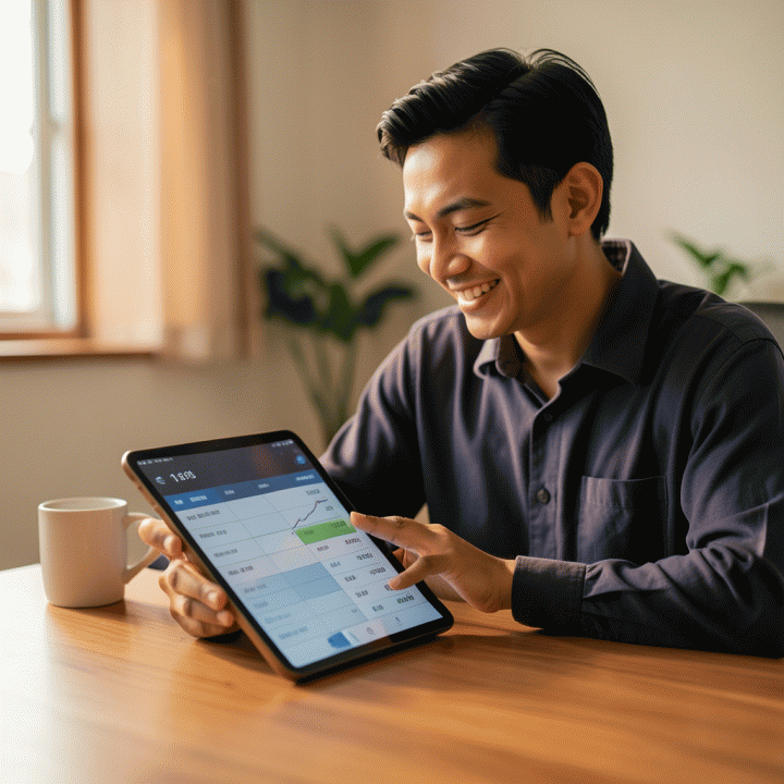 Seorang pemilik UMKM Indonesia fokus menghitung perhitungan keuangan pada tablet, merepresentasikan strategi penentuan harga jual produk.