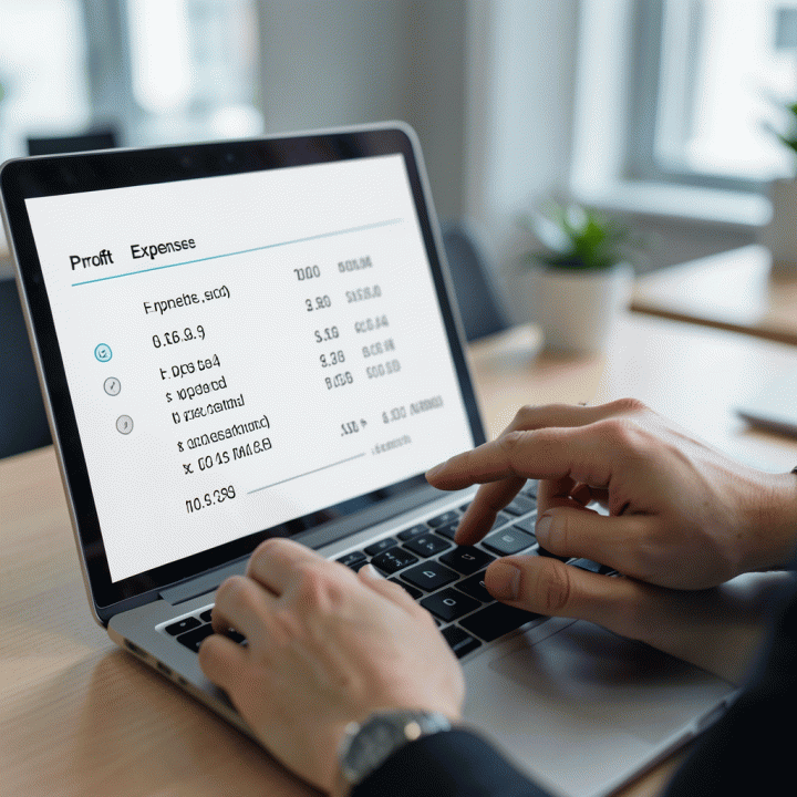 Tangan menunjukkan proses perhitungan HPP dan margin keuntungan melalui antarmuka kalkulator digital.