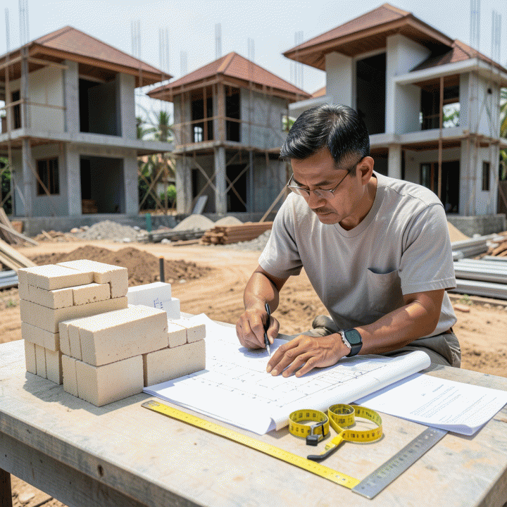 Project owner atau kontraktor sedang menghitung kebutuhan bata ringan (Hebel) di lokasi pembangunan rumah yang modern dan terstruktur.