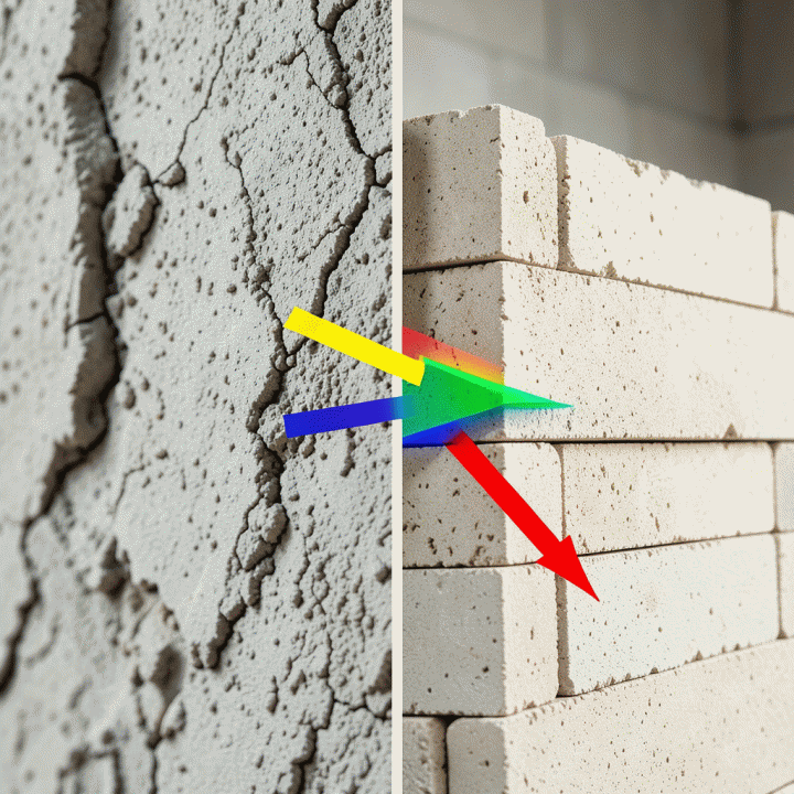 Perbandingan visual antara dinding yang dibangun menggunakan bata ringan (Hebel) yang terukur dan efisien.