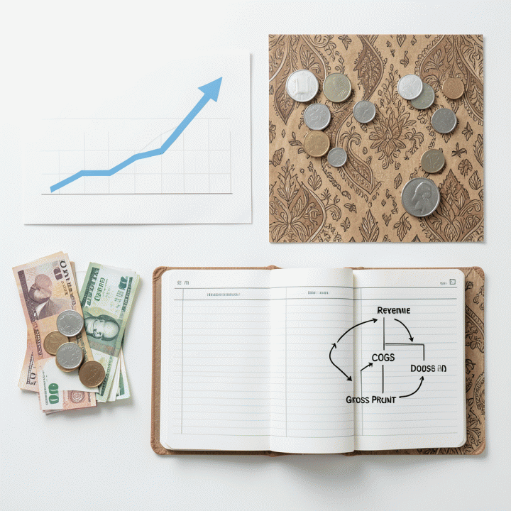 Tata letak datar yang menampilkan elemen-elemen keuangan kunci seperti grafik kenaikan pendapatan dan buku besar akuntansi, melambangkan komponen laba kotor.