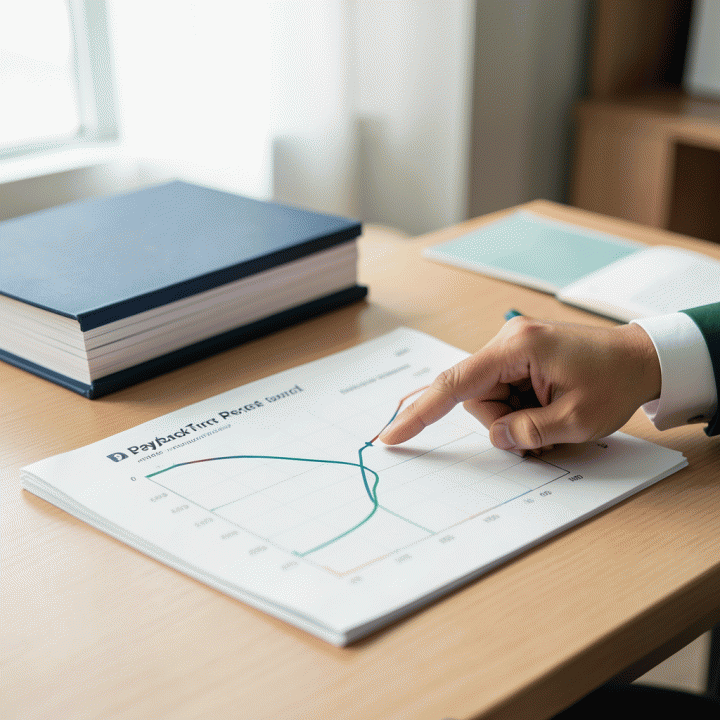 Meja kantor modern dengan buku dan laporan keuangan tentang Payback Period, menunjukkan kurva grafik pengembalian modal investasi.