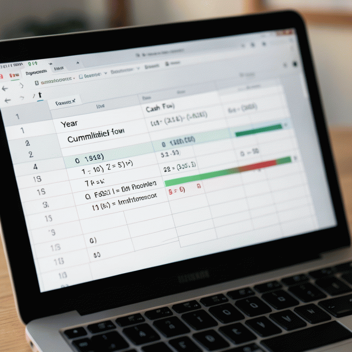 Tampilan layar laptop yang menunjukkan perhitungan arus kas kumulatif dalam spreadsheet untuk menentukan Payback Period.