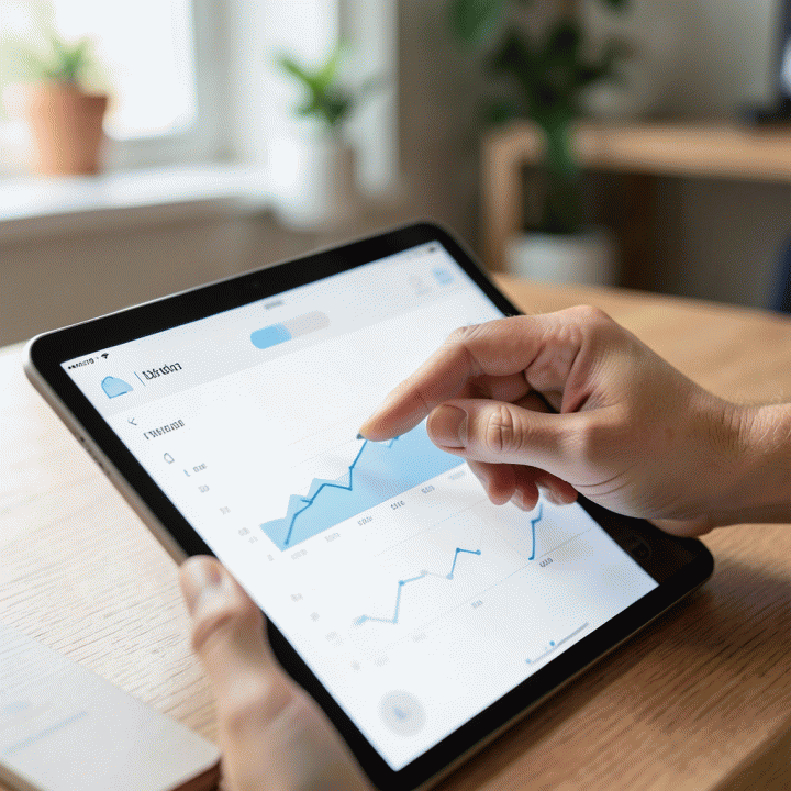 Tangan menggunakan tablet modern dengan antarmuka jurnal AI yang minimalis, fokus pada interaksi dan visualisasi suasana hati tanpa teks.