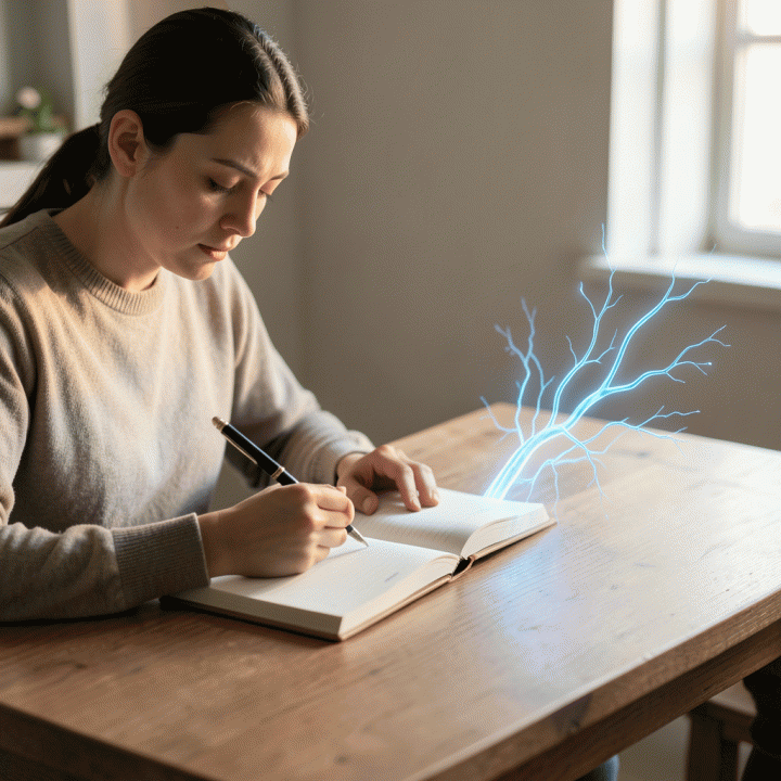 Seseorang sedang menulis jurnal di meja kayu minimalis, dengan visualisasi abstrak aliran pikiran yang terorganisir dan jernih, melambangkan proses mind-clearing.