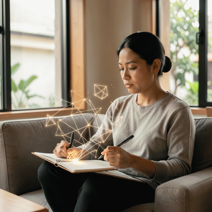 Seorang individu yang sedang merenung di kafe modern, menggunakan buku catatan dan tablet digital, dengan visualisasi abstrak garis-garis cahaya yang terorganisir di sekitarnya, melambangkan proses menata pikiran yang berantakan.