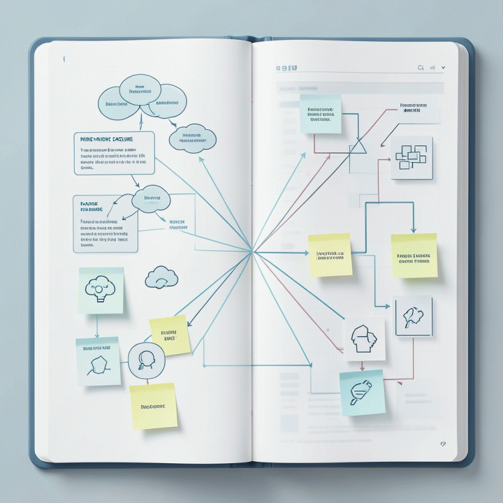 Ilustrasi digital konseptual yang menunjukkan berbagai metode penangkapan pikiran (mind-mapping, sticky notes, dll.) yang berkumpul menjadi satu struktur digital yang rapi.