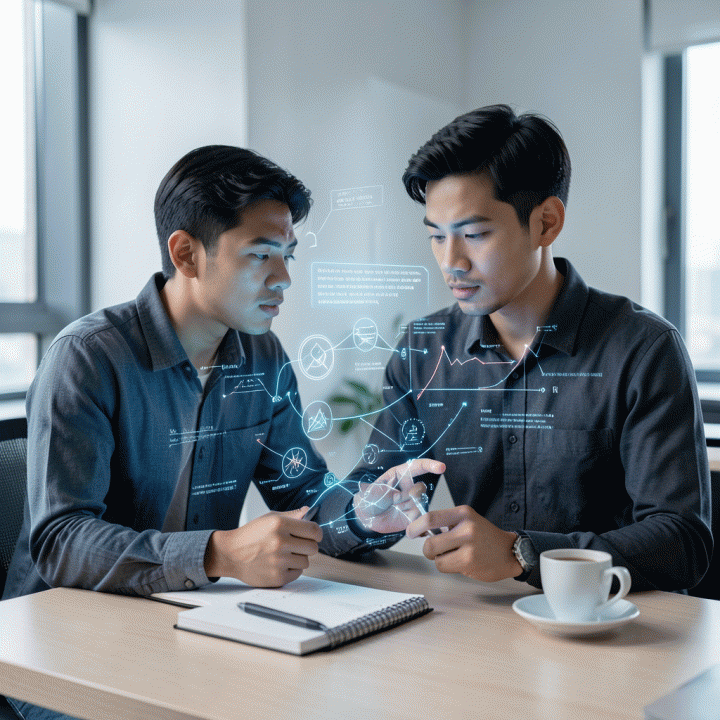 Seorang founder startup muda Indonesia yang fokus bekerja di depan antarmuka holografik canggih yang menampilkan model bisnis dan data digital, melambangkan transformasi ide menjadi rencana bisnis.