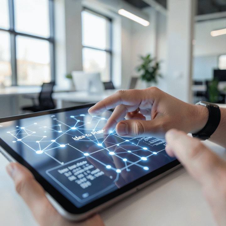 Tangan yang berinteraksi dengan antarmuka digital abstrak yang menunjukkan alur dari ide menjadi rencana, melambangkan proses awal dengan AI.
