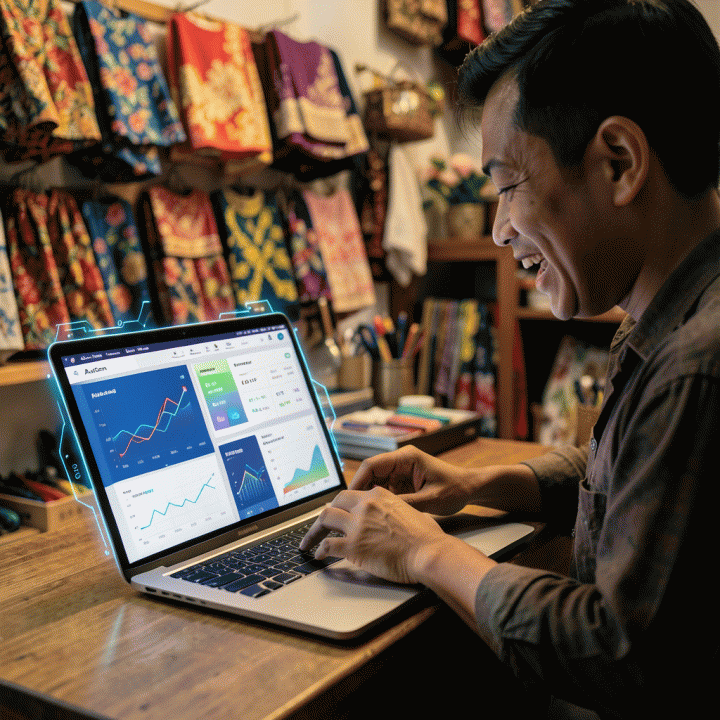 Seorang pemilik UMKM Indonesia sedang menganalisis hasil kampanye iklan digital di laptop, dengan antarmuka visual abstrak mengenai peningkatan performa dan metrik keberhasilan yang menonjolkan peran teknologi AI dalam pemasaran.