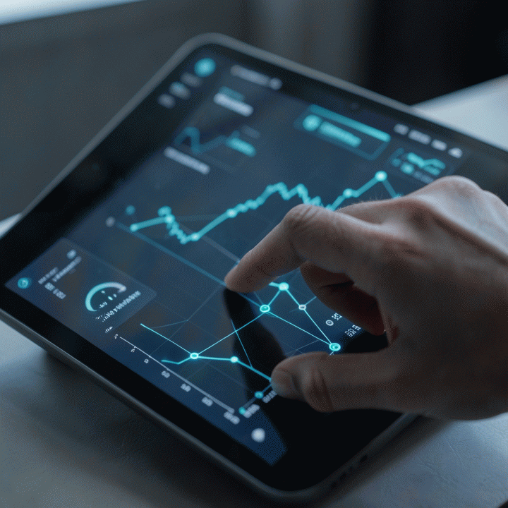 Tangan berinteraksi dengan dashboard analisis performa iklan digital di tablet, menampilkan grafik kenaikan dan keberhasilan kampanye menggunakan teknologi AI.