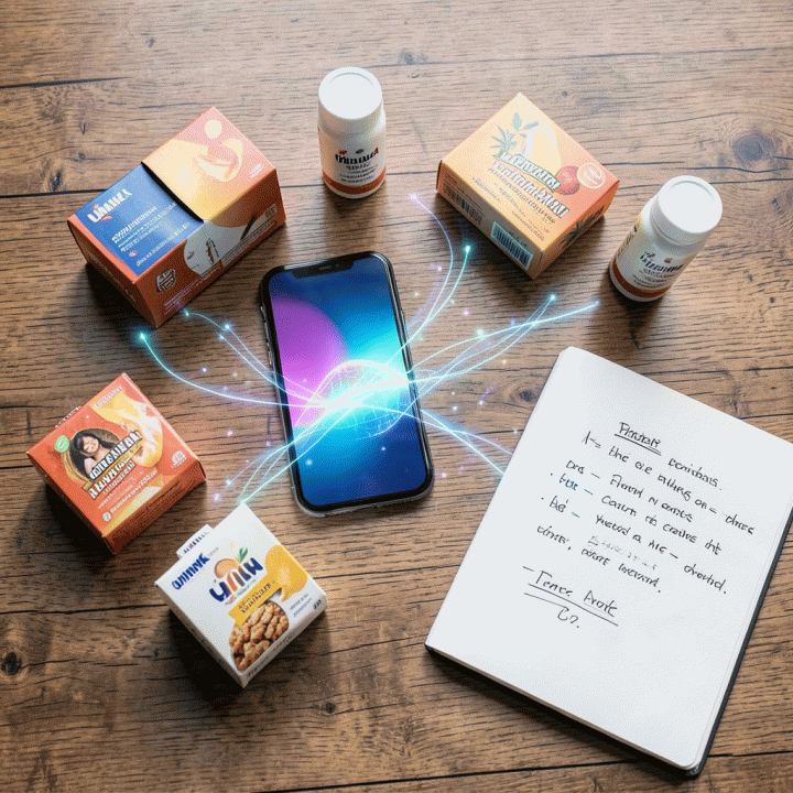 Tampilan datar objek-objek UMKM seperti produk kemasan dan smartphone berisi mockup iklan di atas meja kayu, dikelilingi oleh visualisasi energi AI yang melambangkan proses pembuatan konten iklan digital.