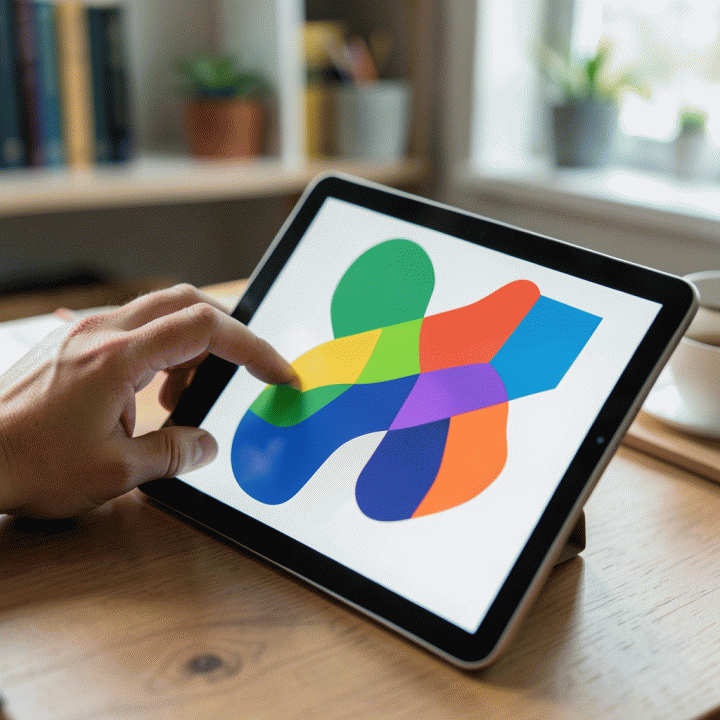 Tangan berinteraksi dengan tablet yang menampilkan tes logika atau pola abstrak, melambangkan asesmen kognitif digital.