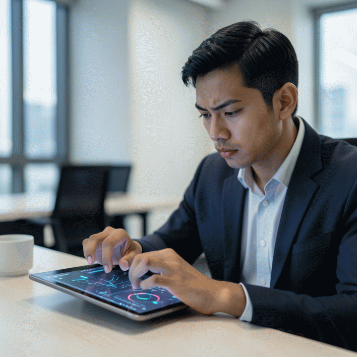 Seorang profesional muda Indonesia sedang fokus mengerjakan soal logika di perangkat digital dalam suasana kantor modern yang elegan.