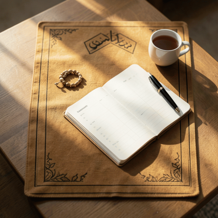 Visualisasi overhead yang tenang dan terstruktur dari perlengkapan ibadah dan jurnal pelacak kebiasaan di atas sajadah, melambangkan konsistensi spiritual harian.