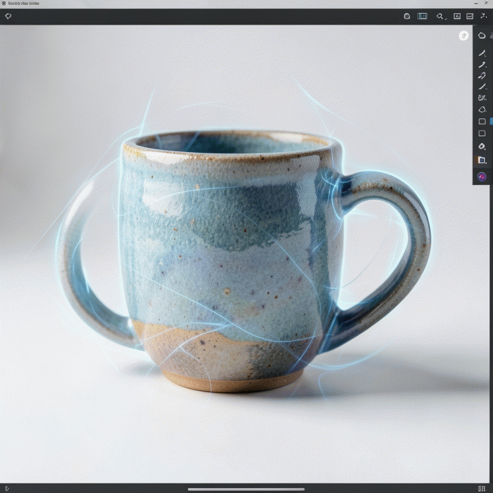 Close-up of a perfectly lit e-commerce product photo being enhanced by an abstract AI upscaling process on a digital screen, symbolizing product quality improvement.
