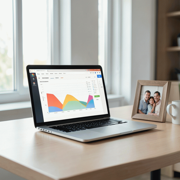 Meja kerja minimalis modern dengan laptop menampilkan antarmuka spreadsheet keuangan keluarga yang bersih tanpa teks terbaca, bingkai foto keluarga di sampingnya, pencahayaan alami yang menenangkan.