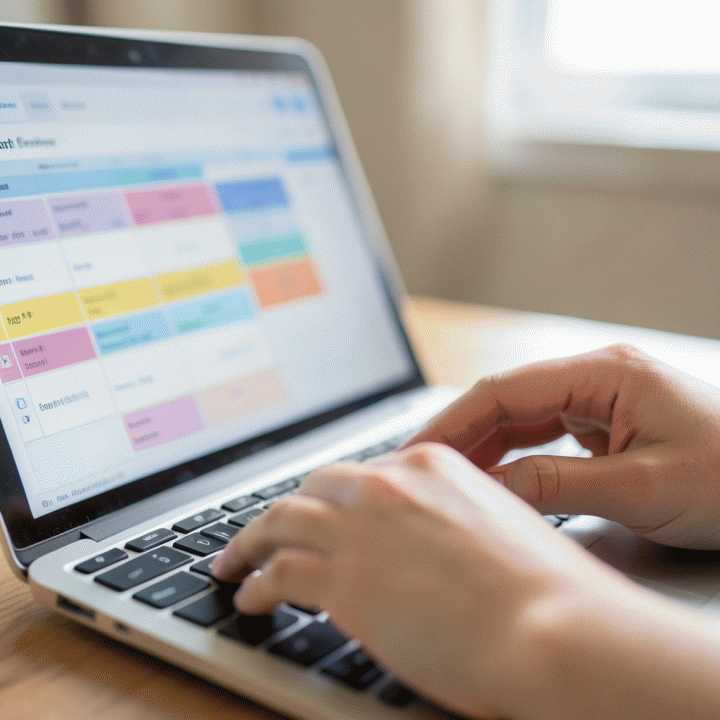 Tangan mengetik di laptop dengan tampilan spreadsheet keuangan keluarga tanpa teks terbaca, fokus pada antarmuka visual.