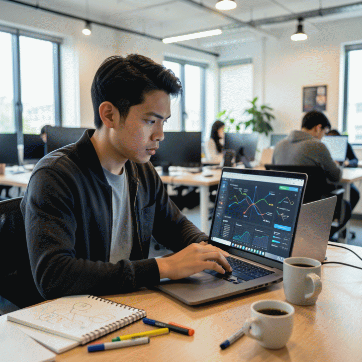 Seorang kreator konten muda Indonesia yang fokus bekerja di laptop, melambangkan proses mengubah ide konten menjadi materi yang orisinal dan sukses.