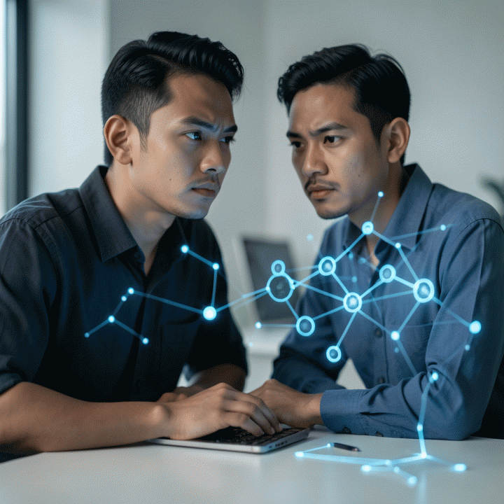 Seorang founder muda Indonesia yang fokus menggunakan alat AI canggih untuk memetakan ide bisnis di meja kerja yang minimalis.