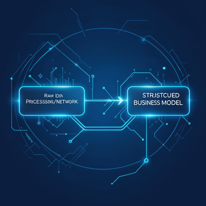 Diagram visual yang menunjukkan proses transformasi ide mentah menjadi model bisnis digital yang terstruktur menggunakan teknologi AI.