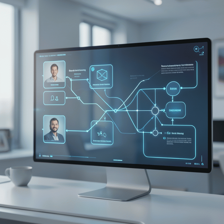 Holographic AI interface visualizing structured persona cards and strategic planning for personal branding.