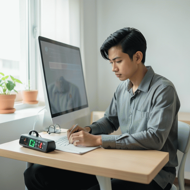 Seorang profesional muda Indonesia yang fokus bekerja di meja kerja minimalis sambil mempertahankan ritme istirahat berkala untuk menjaga konsentrasi tinggi.