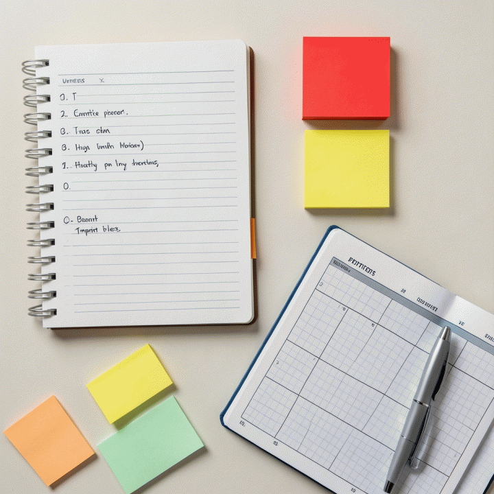Flat lay panduan alat manajemen waktu: buku catatan, sticky notes berwarna, dan planner yang terorganisasi, menunjukkan sistematisasi tugas.