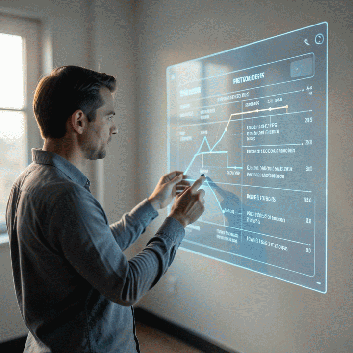 A person analyzing debt reduction strategies displayed on a holographic screen, symbolizing control over financial debt.