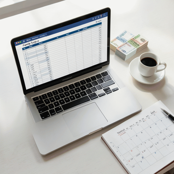 Tampilan atas meja kerja modern yang menampilkan spreadsheet keuangan keluarga yang terorganisir, simbol perencanaan anggaran bulanan yang rapi.