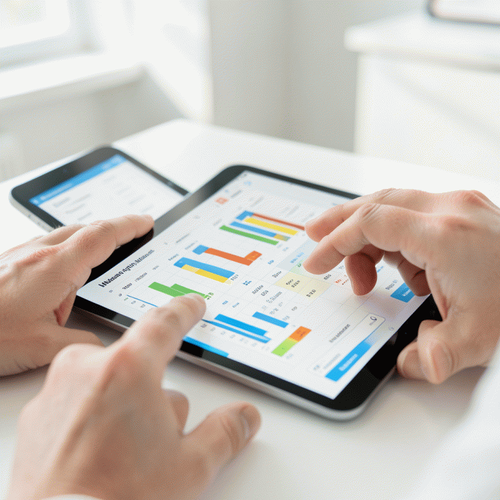 Tangan yang berinteraksi dengan spreadsheet digital di tablet, menampilkan rincian anggaran bulanan yang terorganisir.