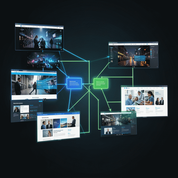 Visualisasi otomatisasi pembuatan berbagai aset iklan digital (banner, video frame) yang tersusun secara sistematis dan efisien.