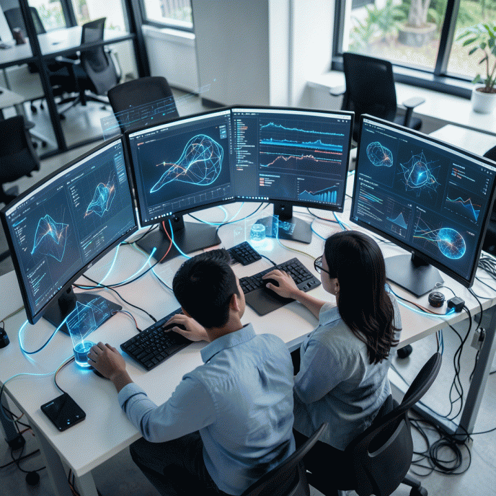 Visualisasi profesional dan sinematik dari seorang profesional pemasaran yang menggunakan AI canggih di ruang kerja modern untuk menghasilkan ide dan aset iklan digital secara otomatis.