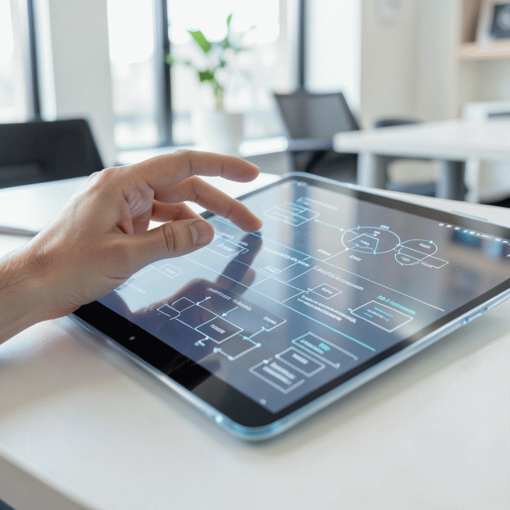 Tangan seorang guru berinteraksi dengan tablet futuristik yang menampilkan diagram alur RPP dan materi ajar yang dihasilkan AI.