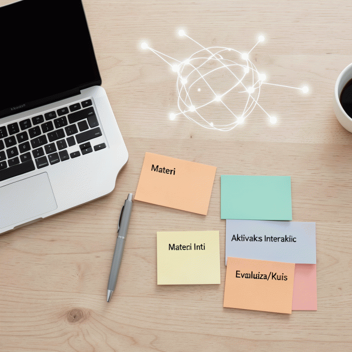 Tampilan flat lay modern dari alat-alat mengajar (laptop, kartu indeks) dengan representasi visual AI yang menghubungkannya, melambangkan perencanaan pembelajaran otomatis.