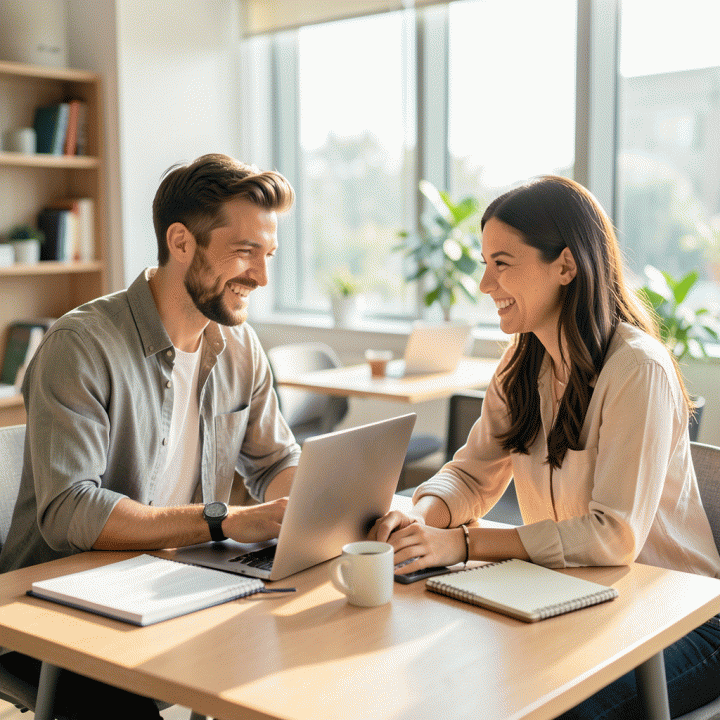Dua pekerja profesional muda yang bekerja bersama dengan semangat di co-working space modern yang cerah, menunjukkan kolaborasi dan produktivitas tinggi.