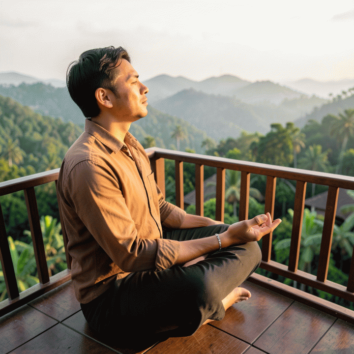 Ilustrasi suasana tenang dan damai yang menunjukkan praktik relaksasi atau meditasi untuk menjaga kesehatan mental dari tekanan kerja.