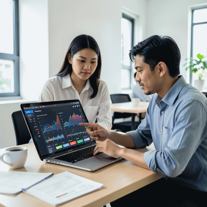 Pasangan profesional muda Indonesia berkolaborasi menganalisis data bisnis e-commerce pada laptop di ruang kerja modern.