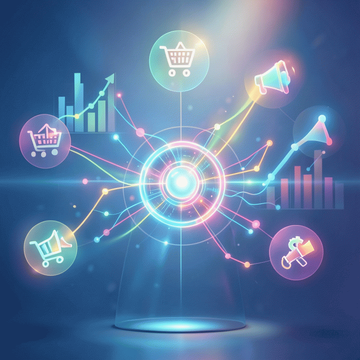 Visualisasi data analitik yang menunjukkan pertumbuhan omzet dan jangkauan konten video e-commerce.