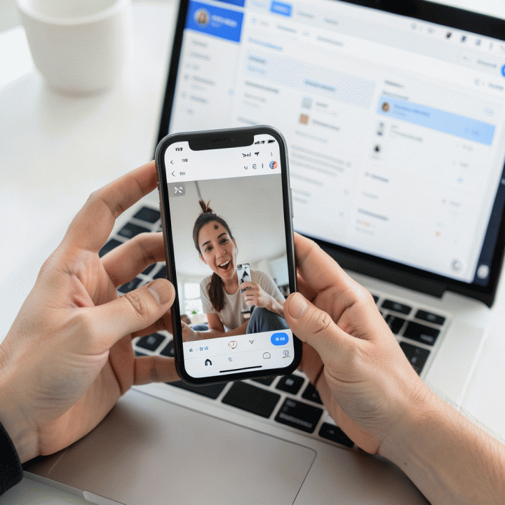 Tangan merekam video promosi produk menggunakan smartphone, di samping laptop yang menampilkan dashboard perencanaan konten.