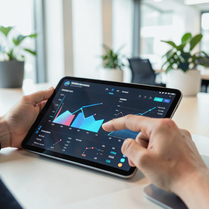 Tangan profesional menganalisis data analitik pertumbuhan bisnis di layar tablet yang modern.